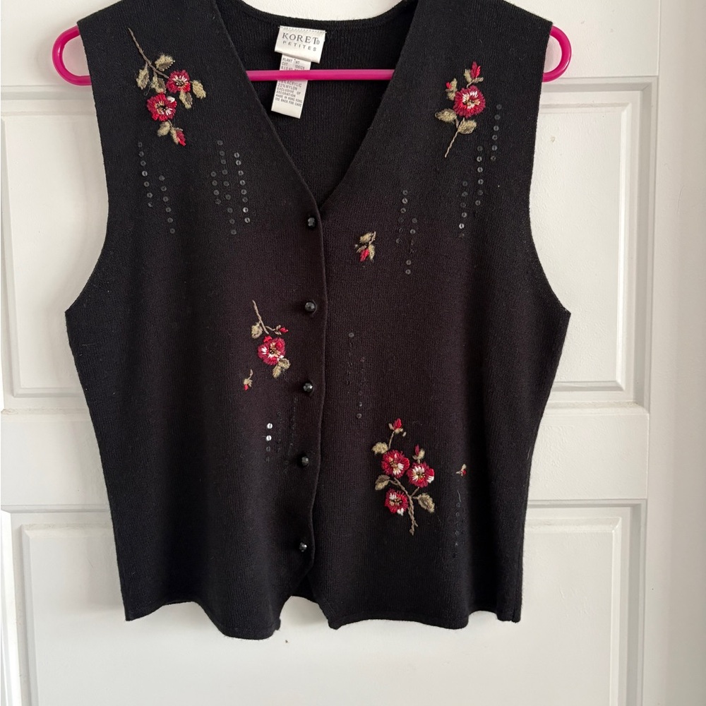 Black Embroidered Floral Button Front Vest